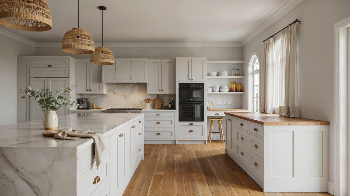 Two white islands on walnut hardwood floors under light gray transitional kitchen walls