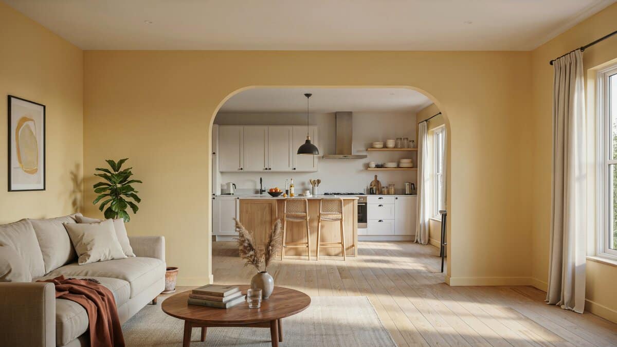 Open layout living room looking through to a kitchen painted in warm yellow