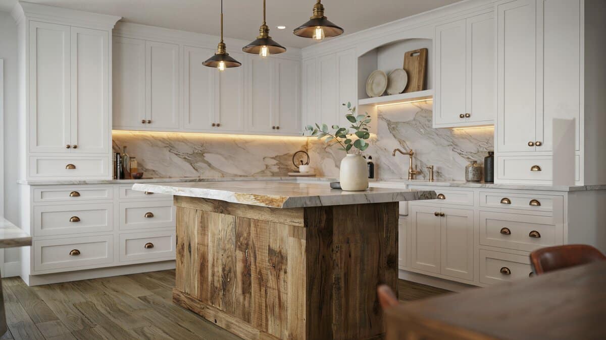 Aged brass pendants and pulls warming white cabinets above a rough reclaimed wood island