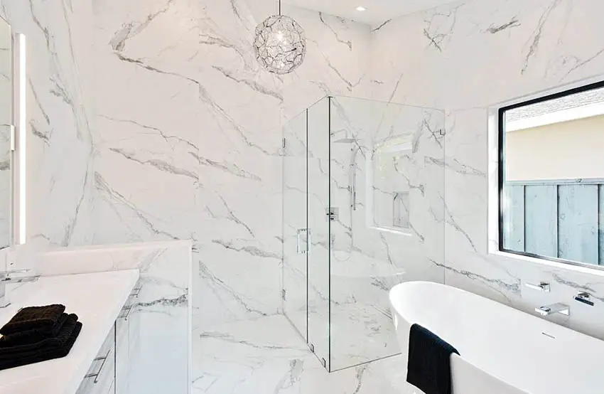 White marble bathroom with wall tiles