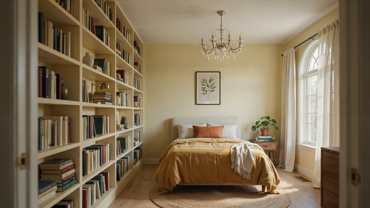 Buttery yellow bedroom with floor to ceiling bookshelves and a crystal chandelier