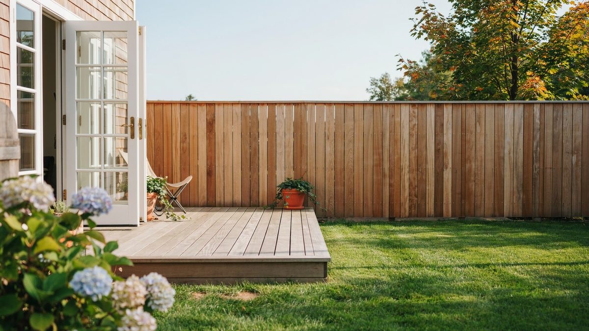 Low platform deck with white french doors and wood privacy fence behind