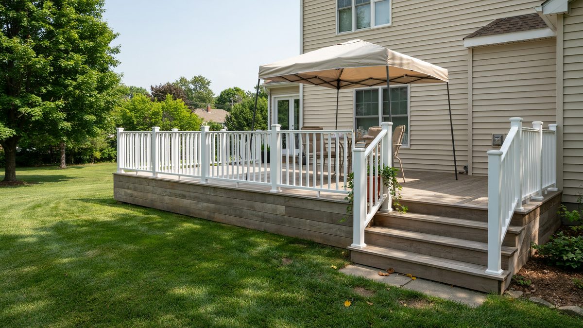 Raised deck with white railings and a portable fabric canopy over patio seating