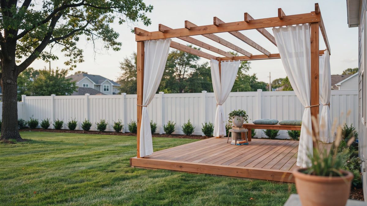 Freestanding backyard deck under a pergola hung with white privacy curtains