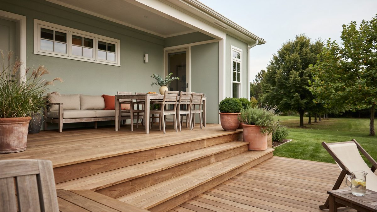 Multi level deck stepping down in two tiers with outdoor sofa and dining set