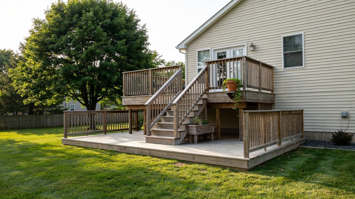 Two story deck with a connecting staircase and small built in landing benches