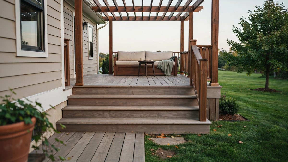 Traditional deck with chamfered corners, wide steps and a stained wood pergola