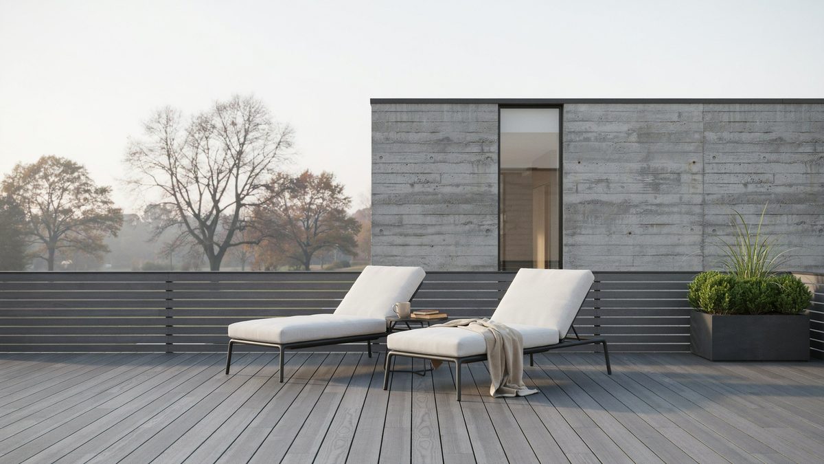 Modern deck with low profile lounge chairs and horizontal slat railing