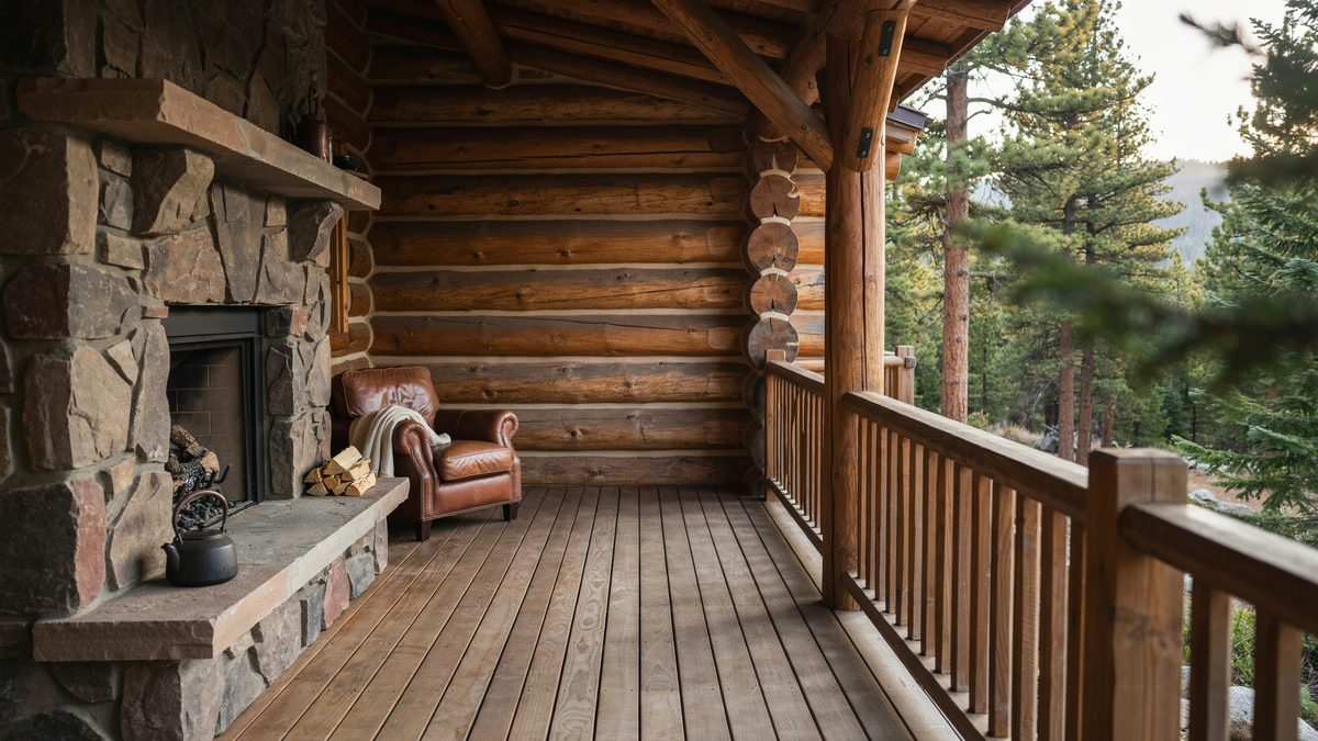 Rustic mountain deck with a stacked stone fireplace and heavy timber posts