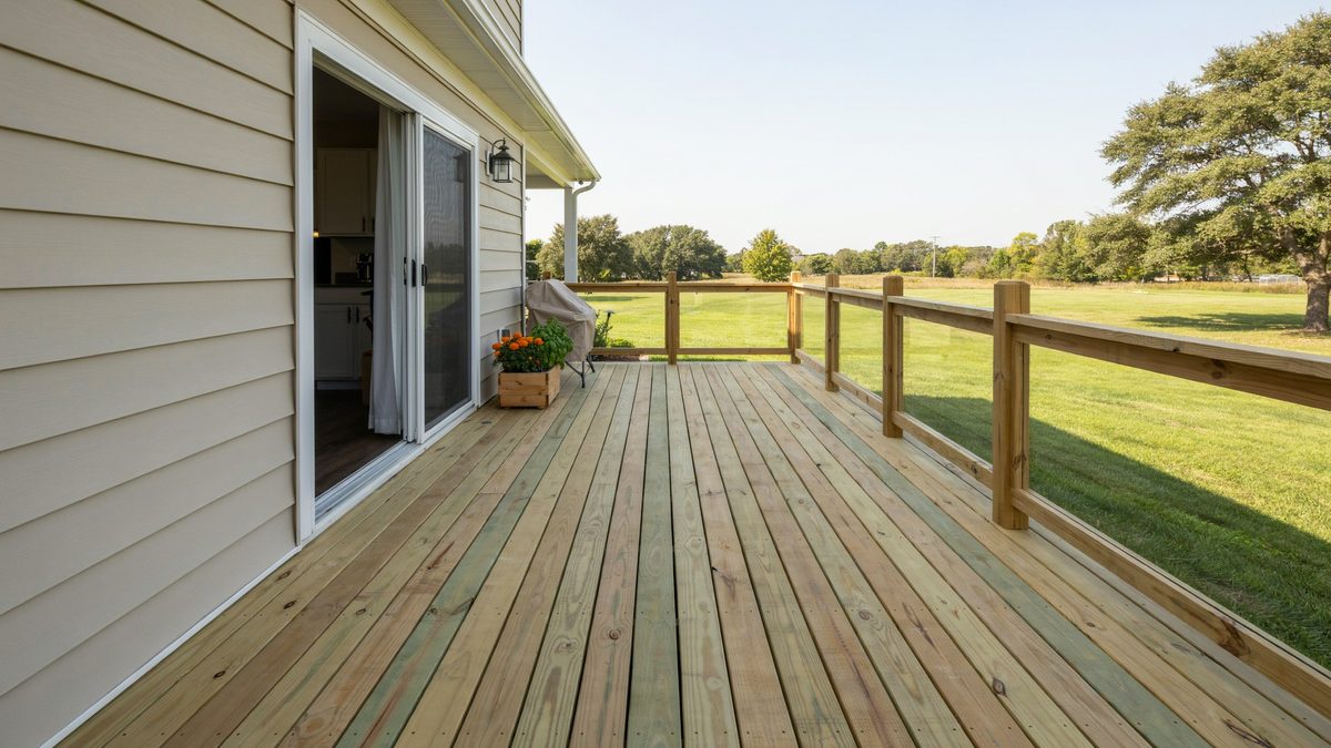Pressure treated deck with greenish tan lumber and simple square posts