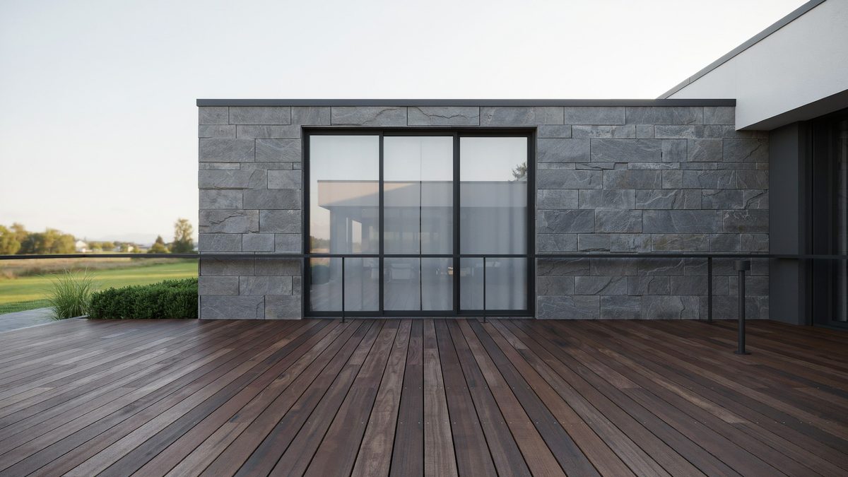 Ipe hardwood deck with dark brown planks against a stone clad modern house