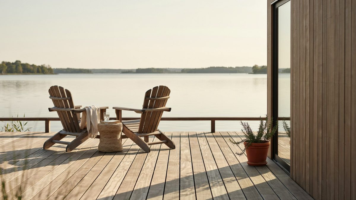 Brazilian teak deck with two Adirondack chairs facing a waterfront view