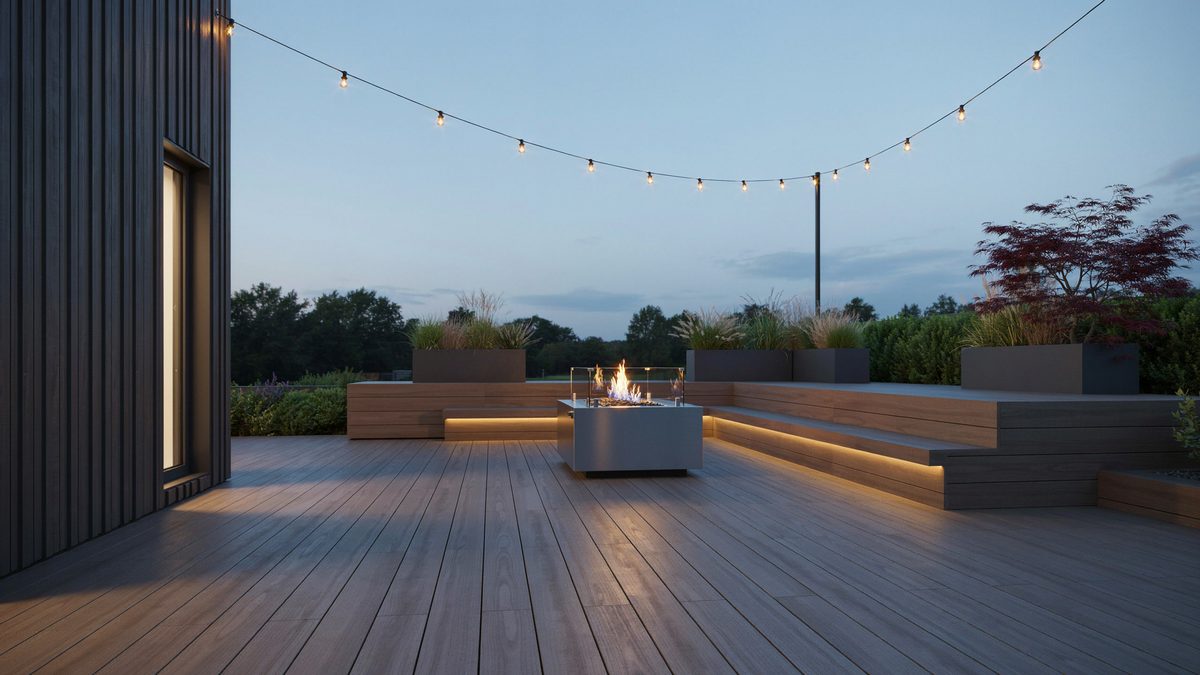 Trex deck with built in bench seating around a rectangular gas fire pit