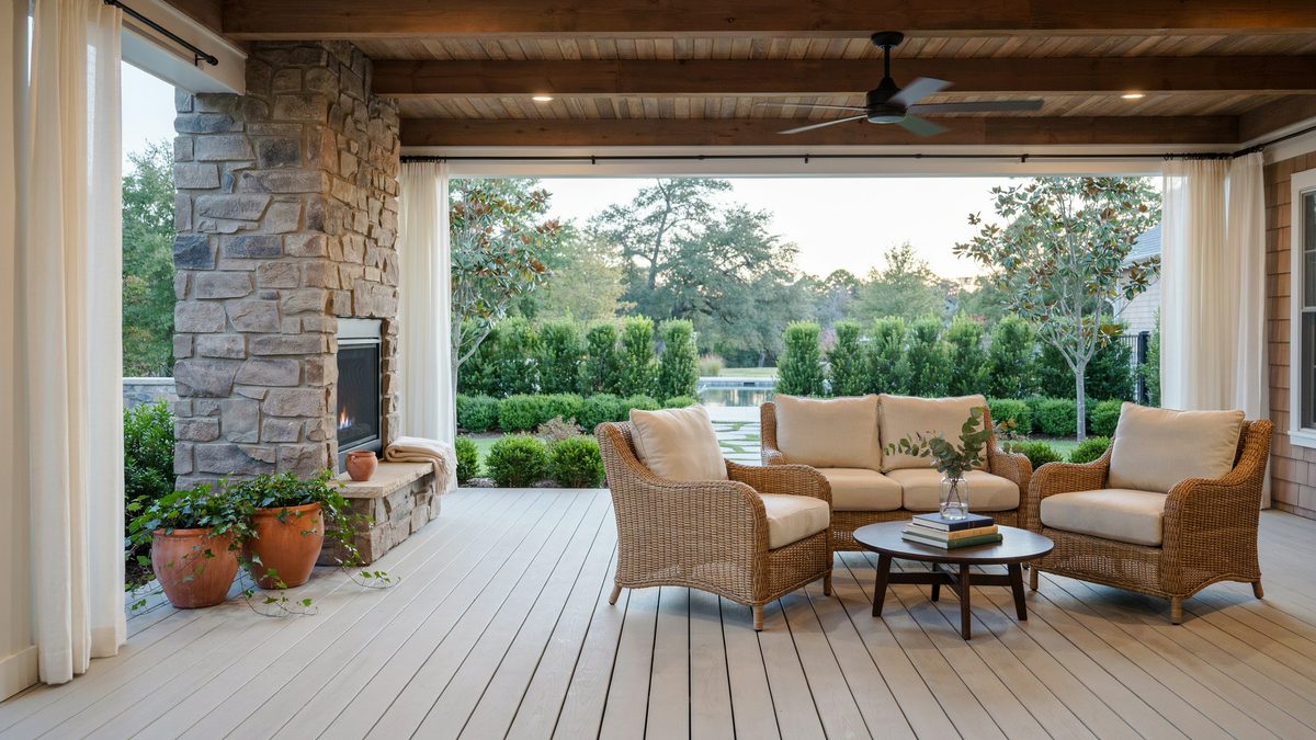 White PVC deck under a covered porch with an outdoor fireplace and wicker seating