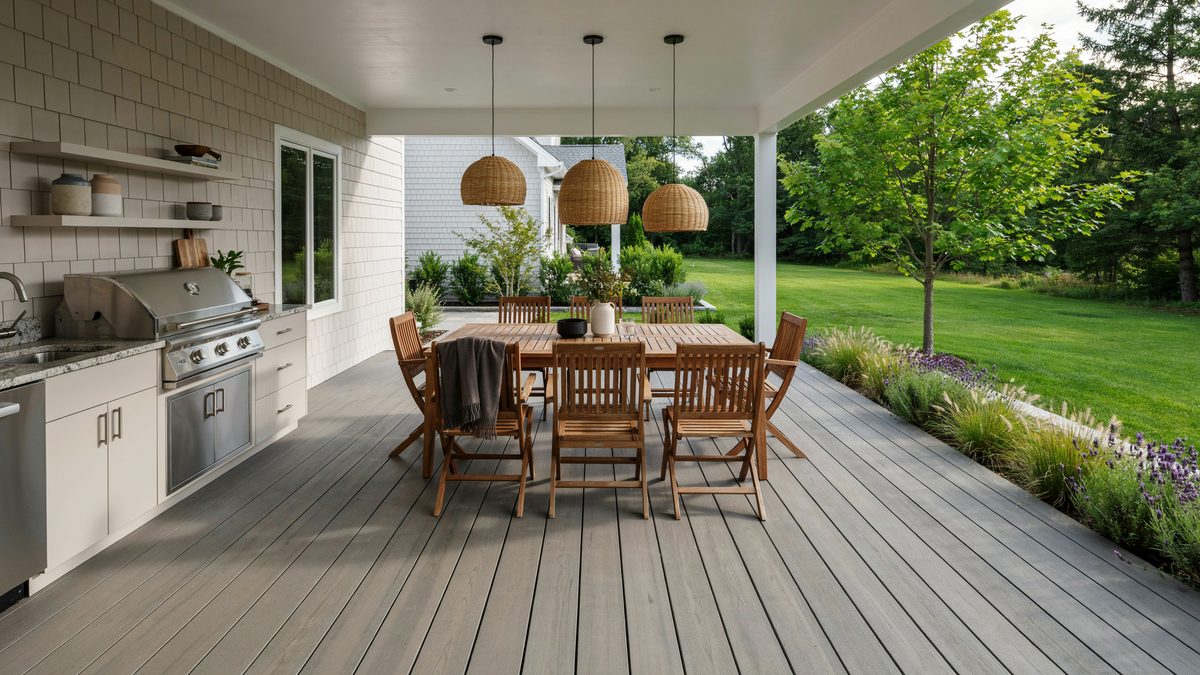 Modern Trex deck with a built in outdoor kitchen and six seat dining table