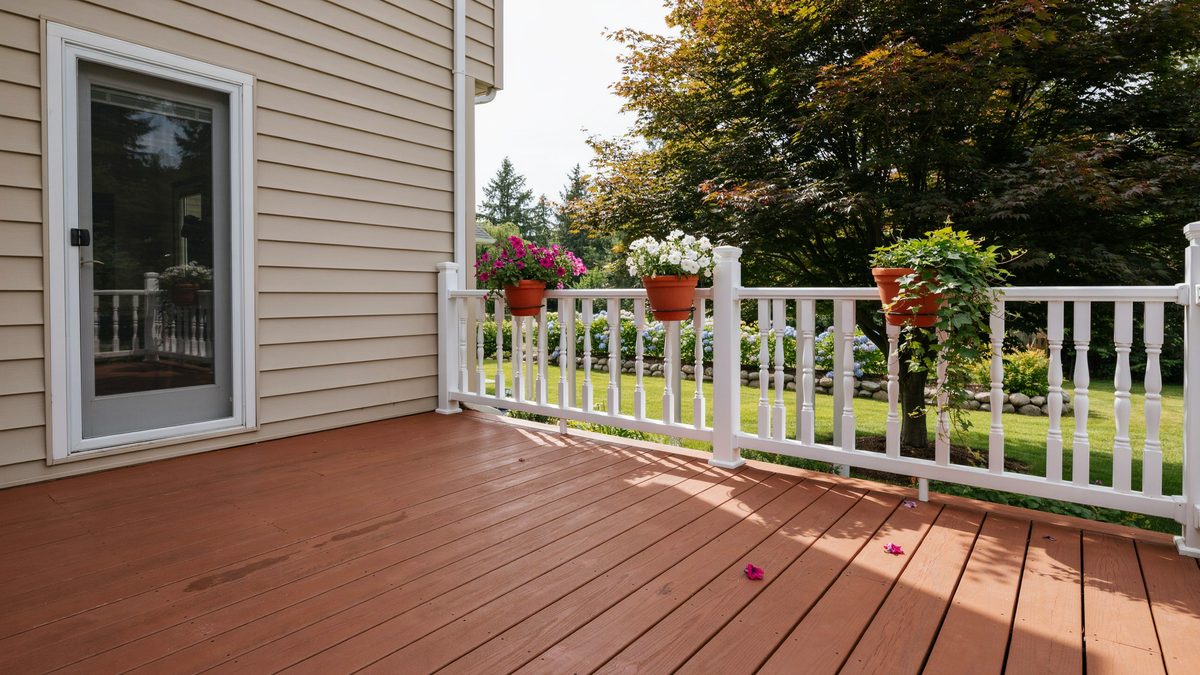 Traditional redwood deck with white balusters and flower planters on the rail