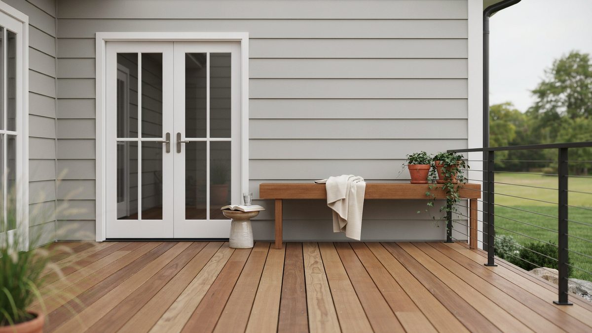 Contemporary deck with white french doors, gray siding and a long wood bench
