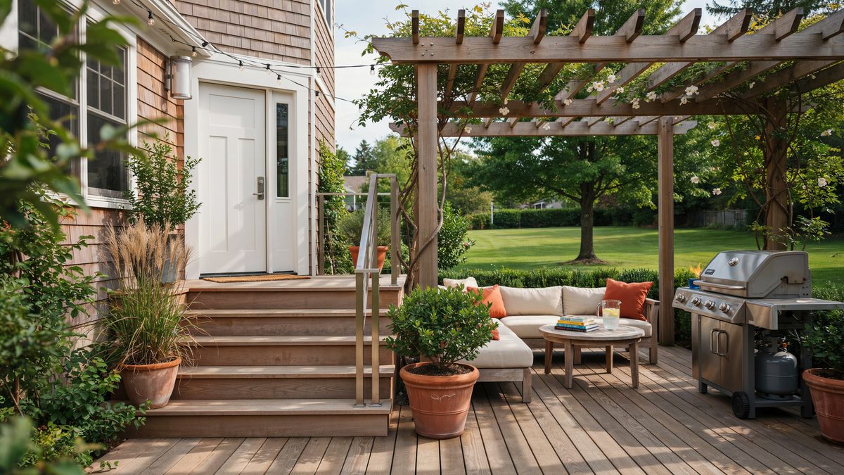 Custom deck with wide steps to the door, a grill, planters and a pergola