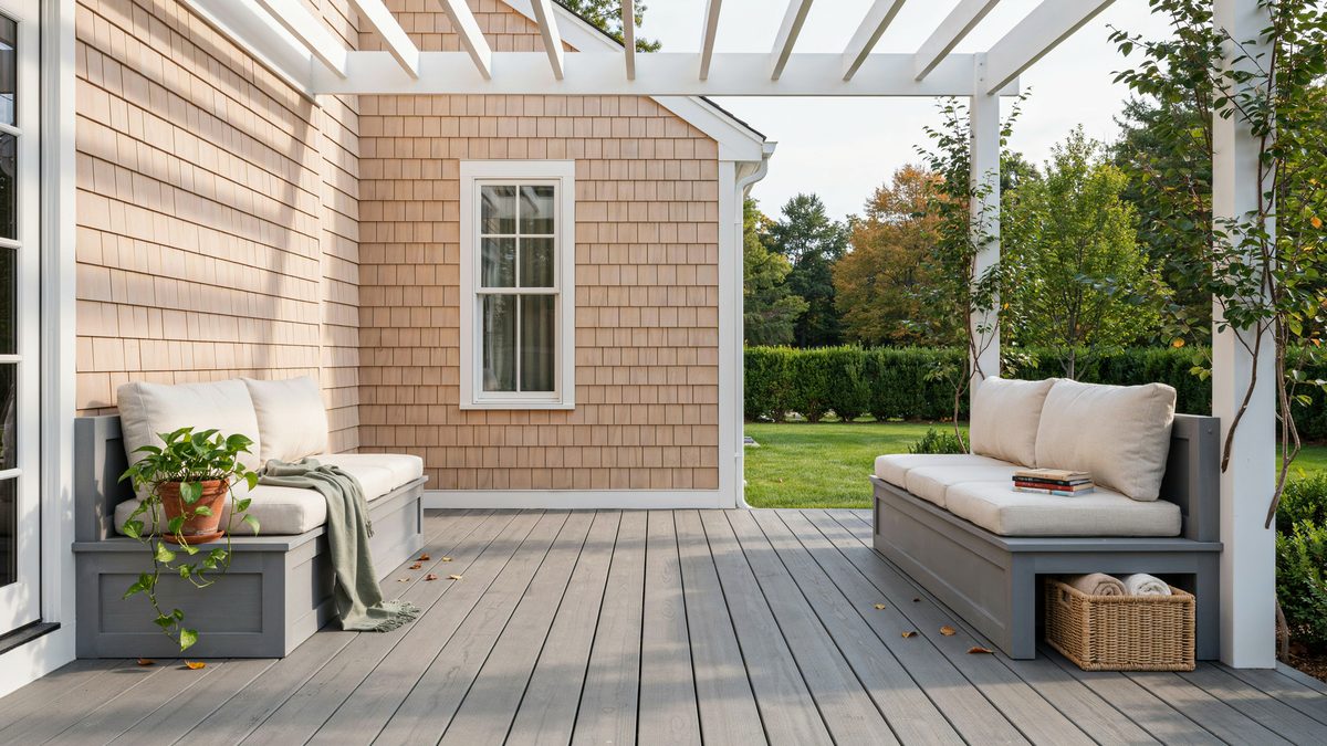 Painted gray deck with built in benches on two sides under a white pergola
