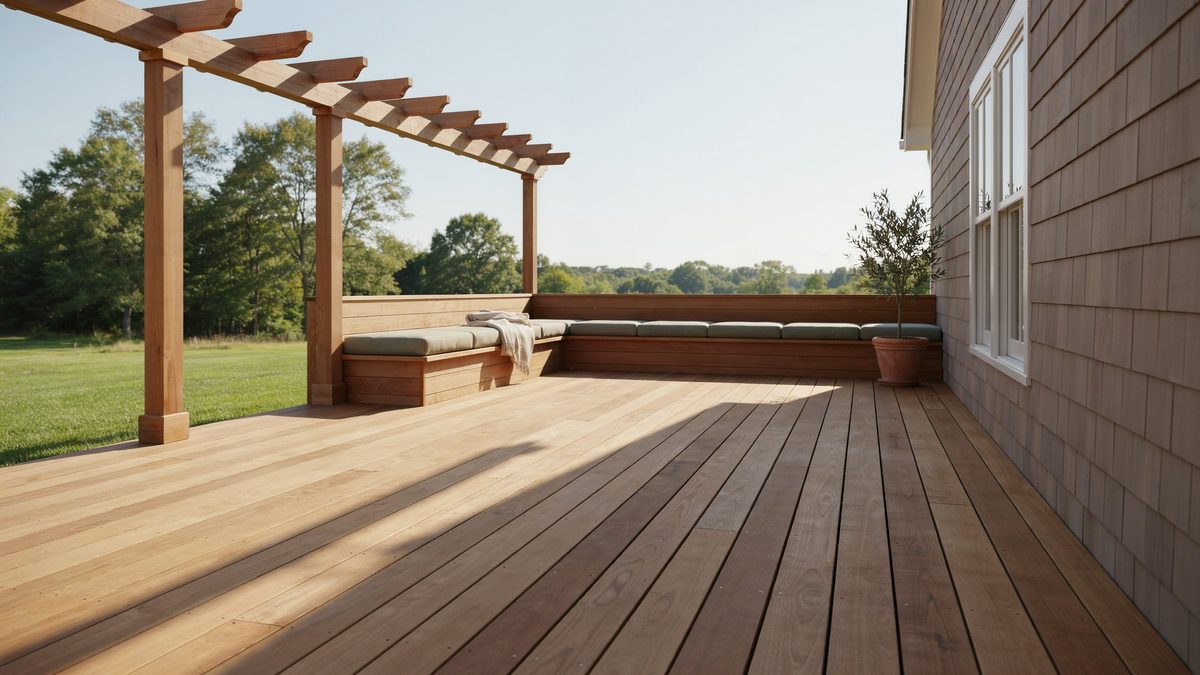 Wood deck with a cedar pergola over half and an L shaped corner bench