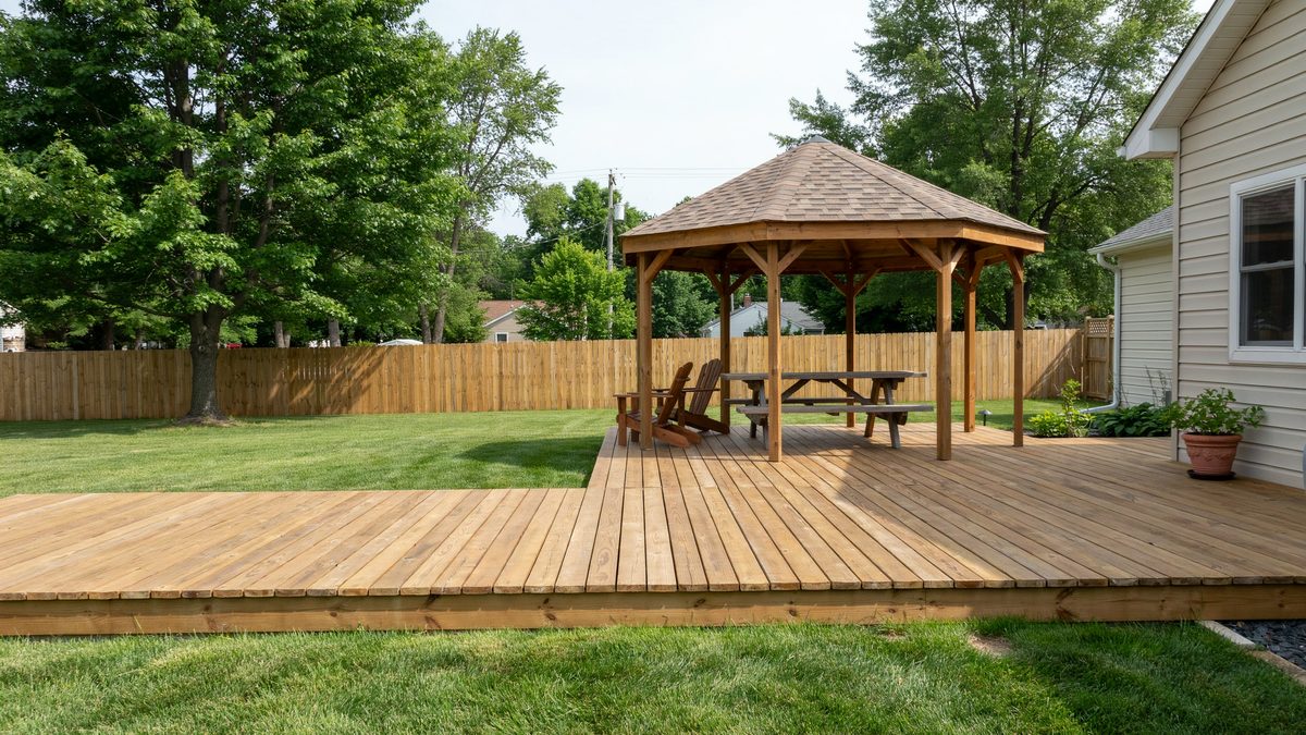 Cedar deck with an attached octagon gazebo and solid wood picnic table
