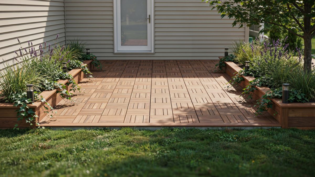 Deck laid in a basket weave board pattern with raised planters and post lights