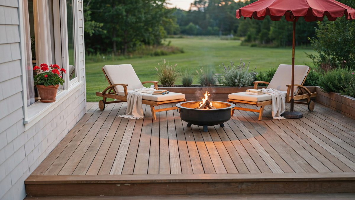 Wood platform deck with a round fire pit, chaise lounges and a red umbrella