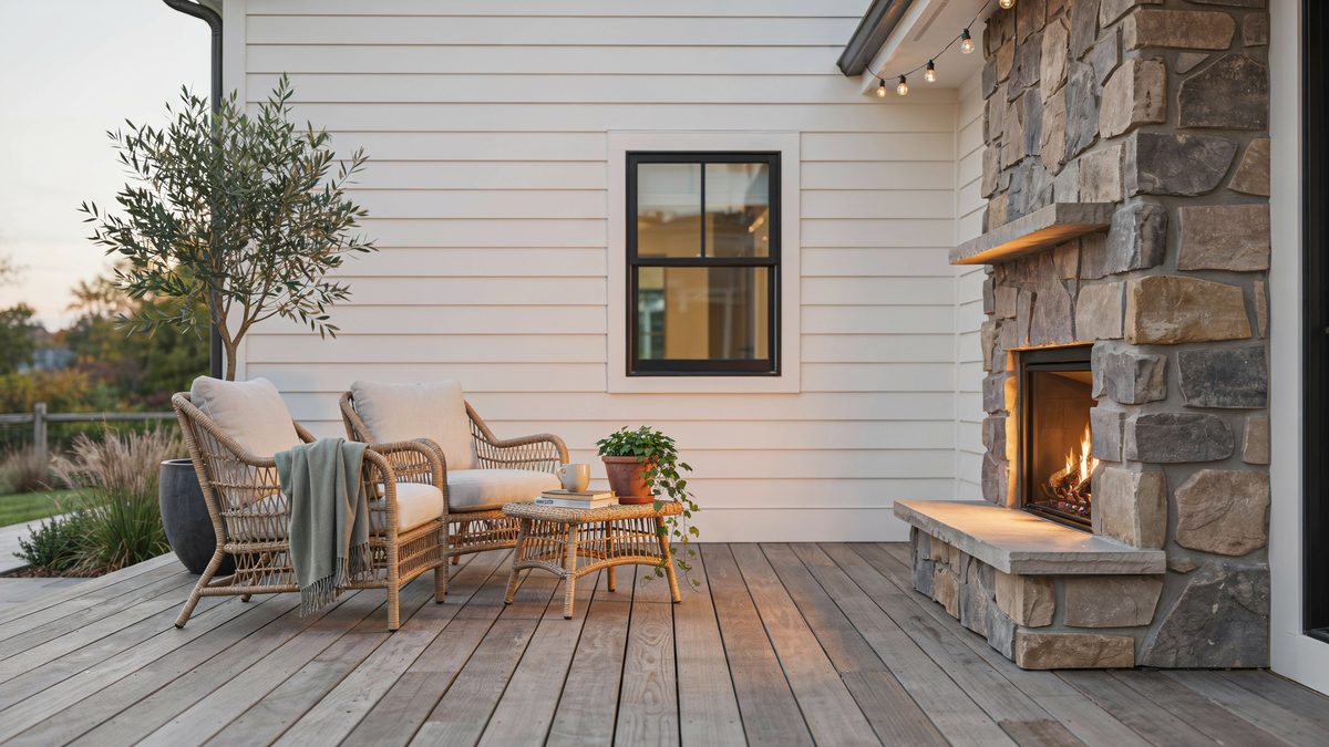 Wood deck with a stacked stone fireplace and cushioned wicker seating