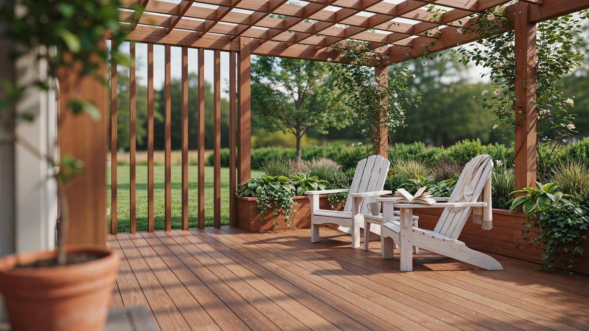 Raised deck with a slatted trellis panel, corner pergola and planter boxes