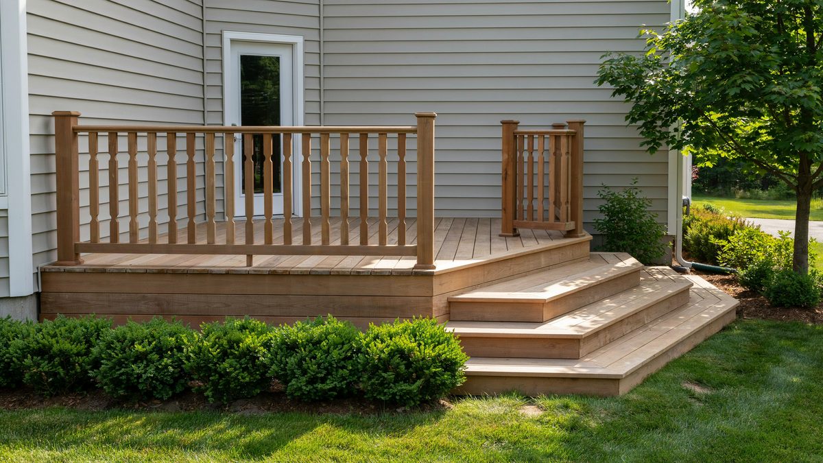 Multi level deck with a stained handrail and decorative cut wood balusters