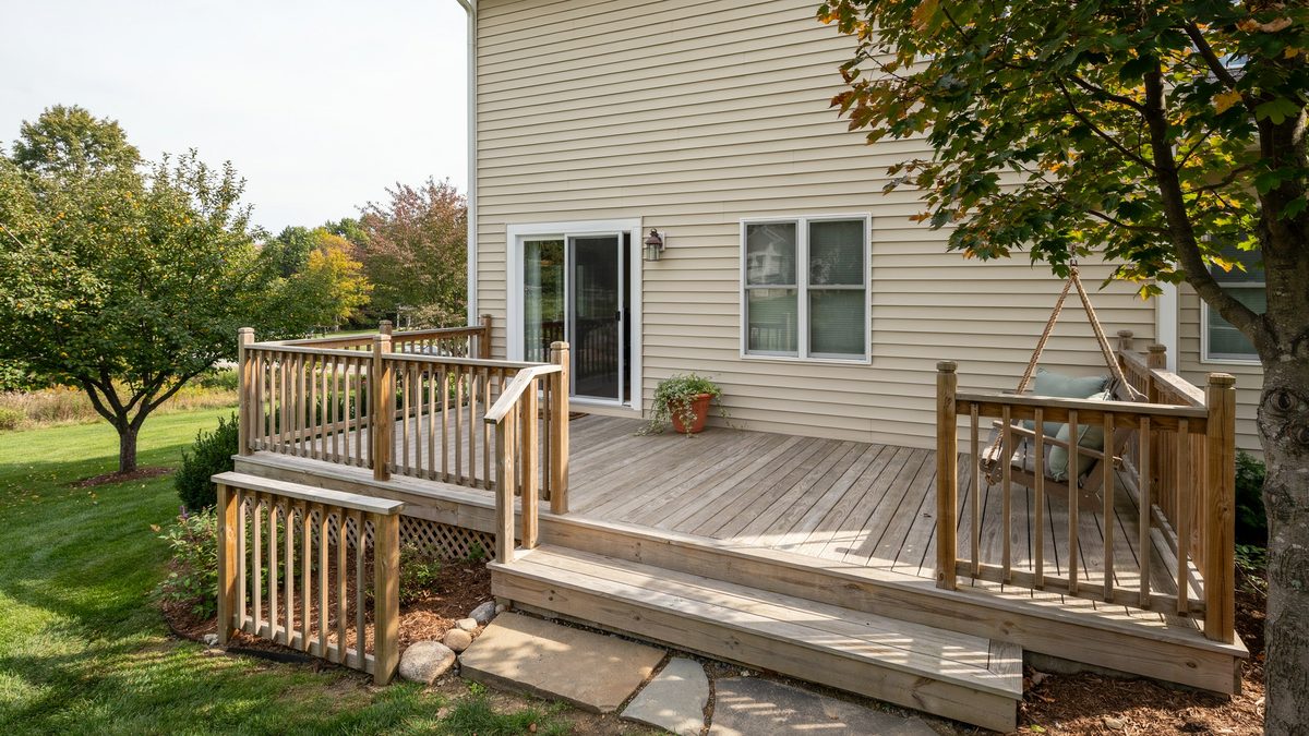 Multi level deck with two railing heights and a hanging porch swing below
