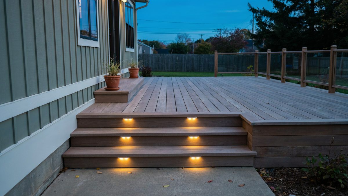Deck at dusk with small LED lights recessed under each stair tread