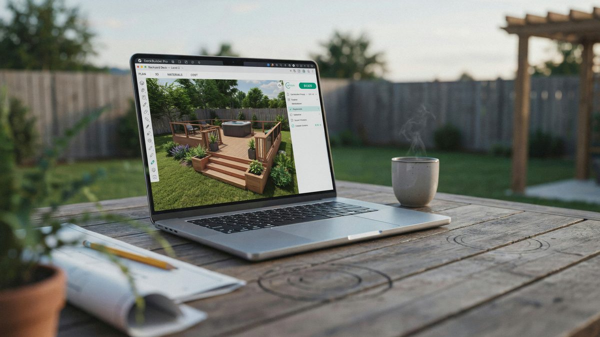 Laptop on a deck table showing 3D backyard deck design software on screen