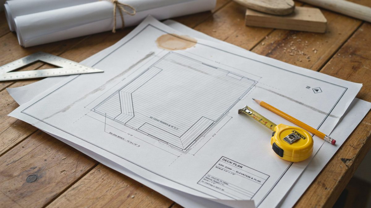 Printed deck plan drawing with a zig zag bench layout, pencil and tape measure