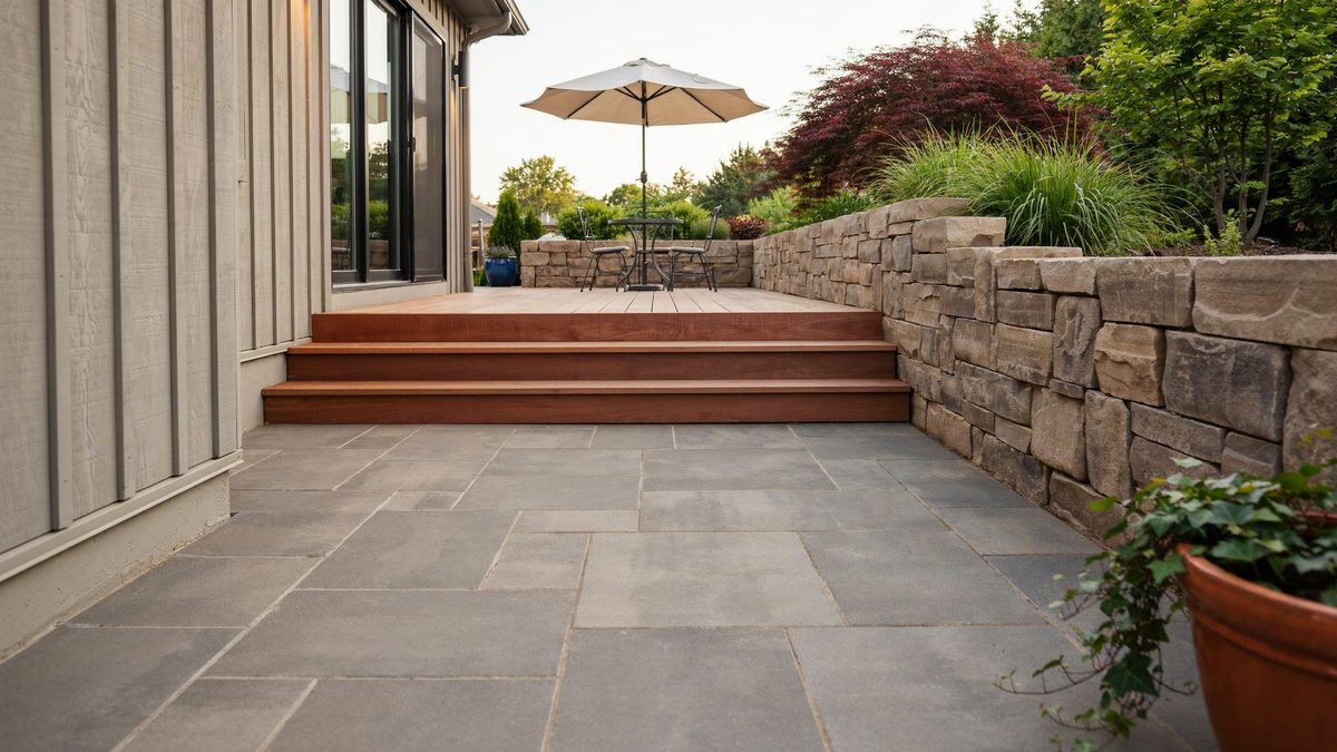 Custom redwood deck with steps to a paver patio and natural stone half wall