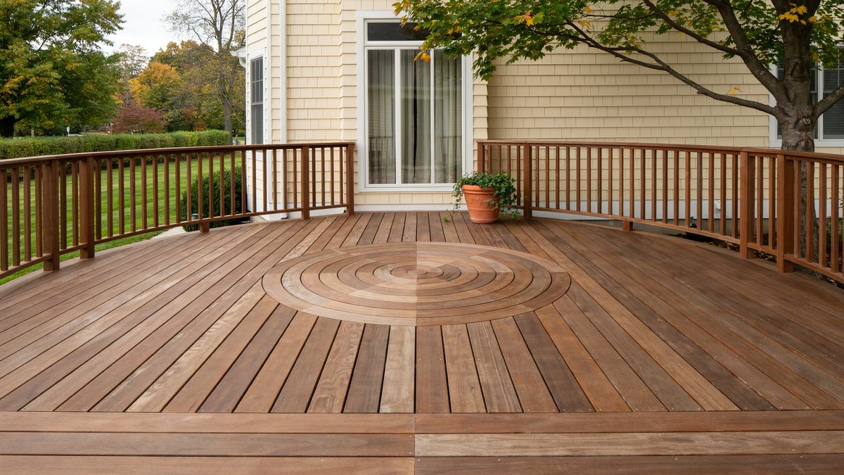 Traditional stained deck with a circular board pattern and curved railing