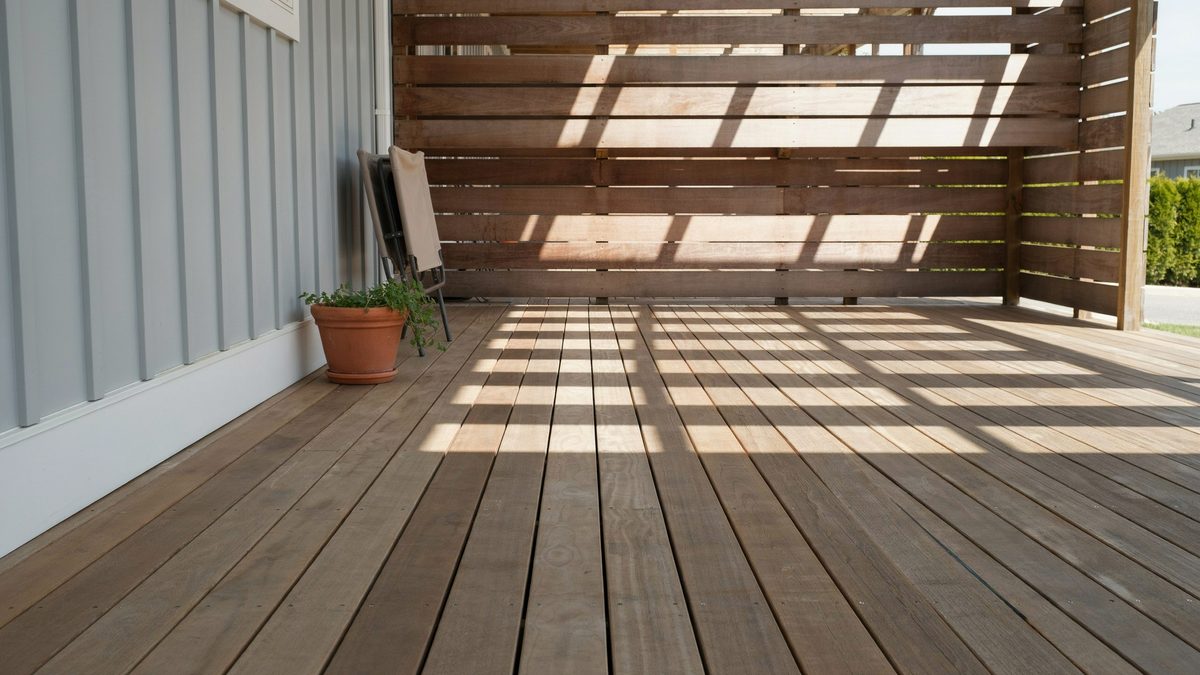 Stained deck with wide wood slat overhead beams casting stripes of sunlight