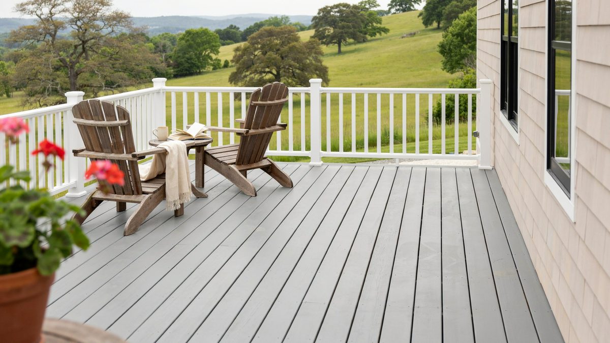 Painted gray deck with white railing and chairs facing a hillside view