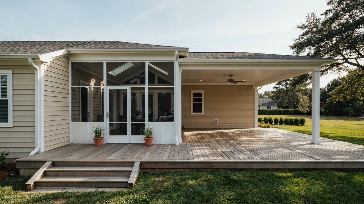 Deck with a screened in porch, cathedral ceiling and skylights above