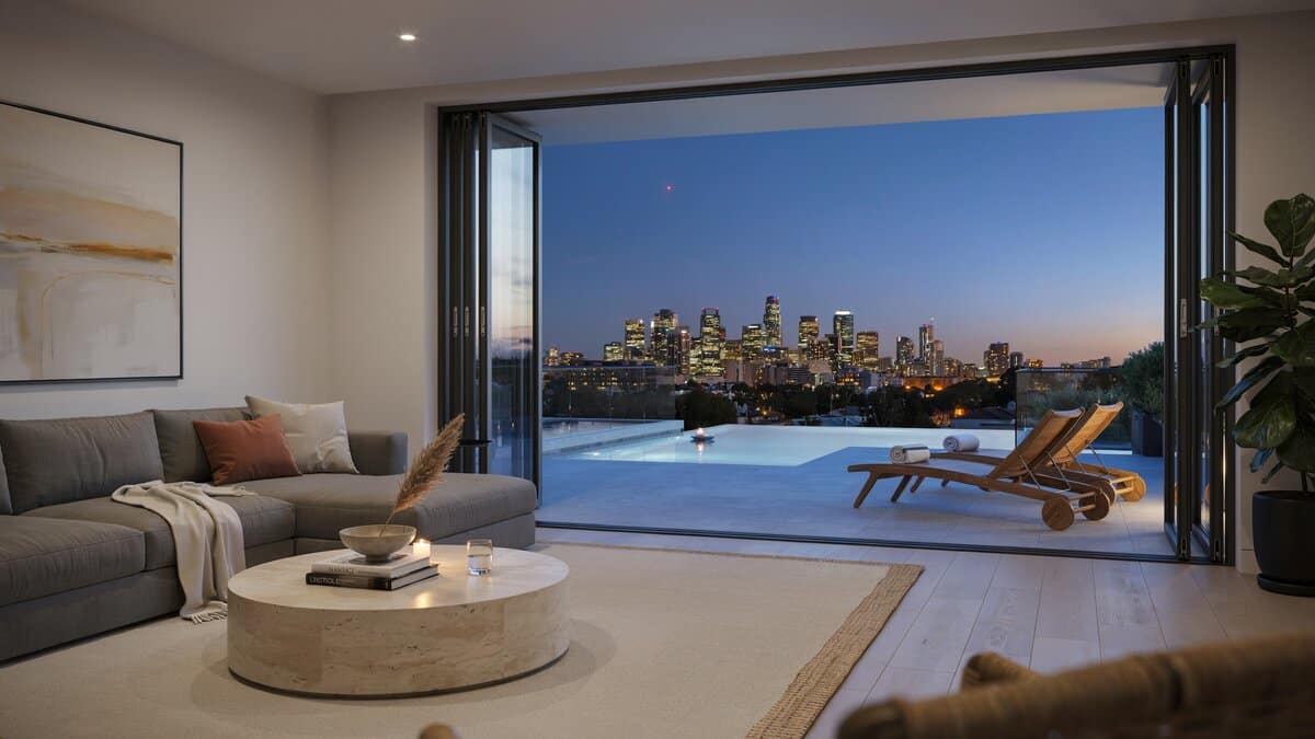 Amazing living room with large open view to patio swimming pool and city lights