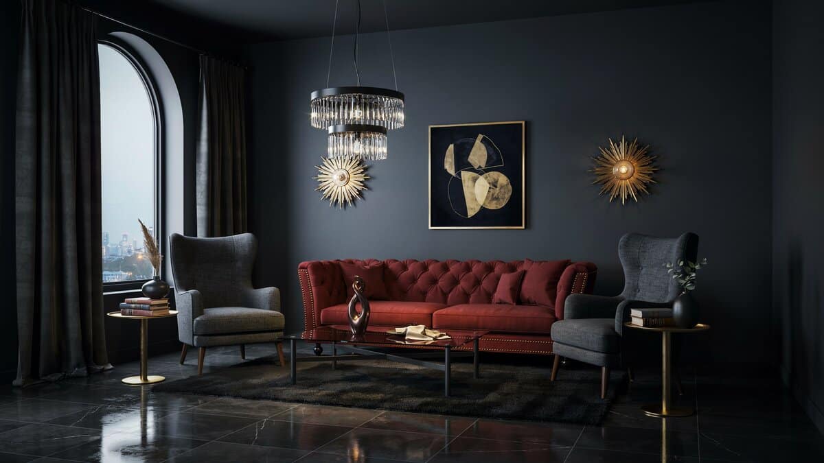 Art deco living room with dark theme porcelain tile floor, shag rug and modern chandelier