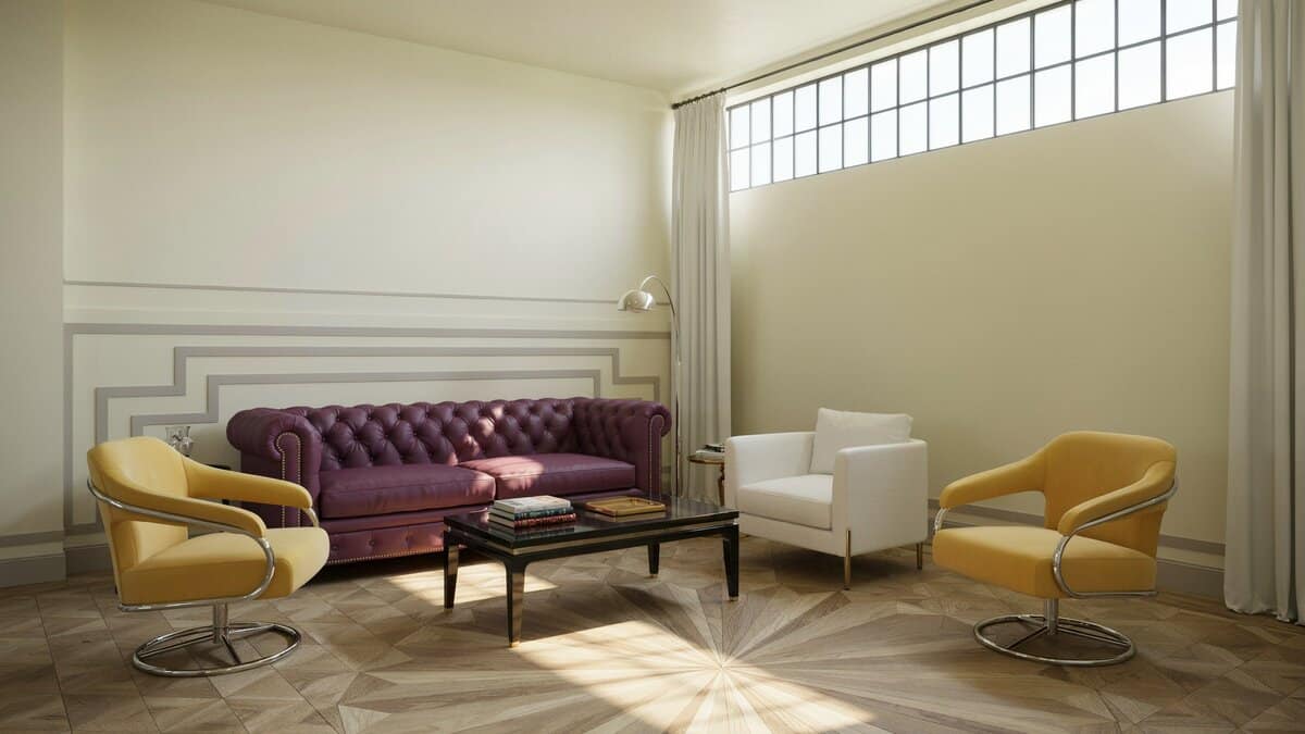 Art deco living room with yellow swivel arm chairs, white chairs and purple chairs