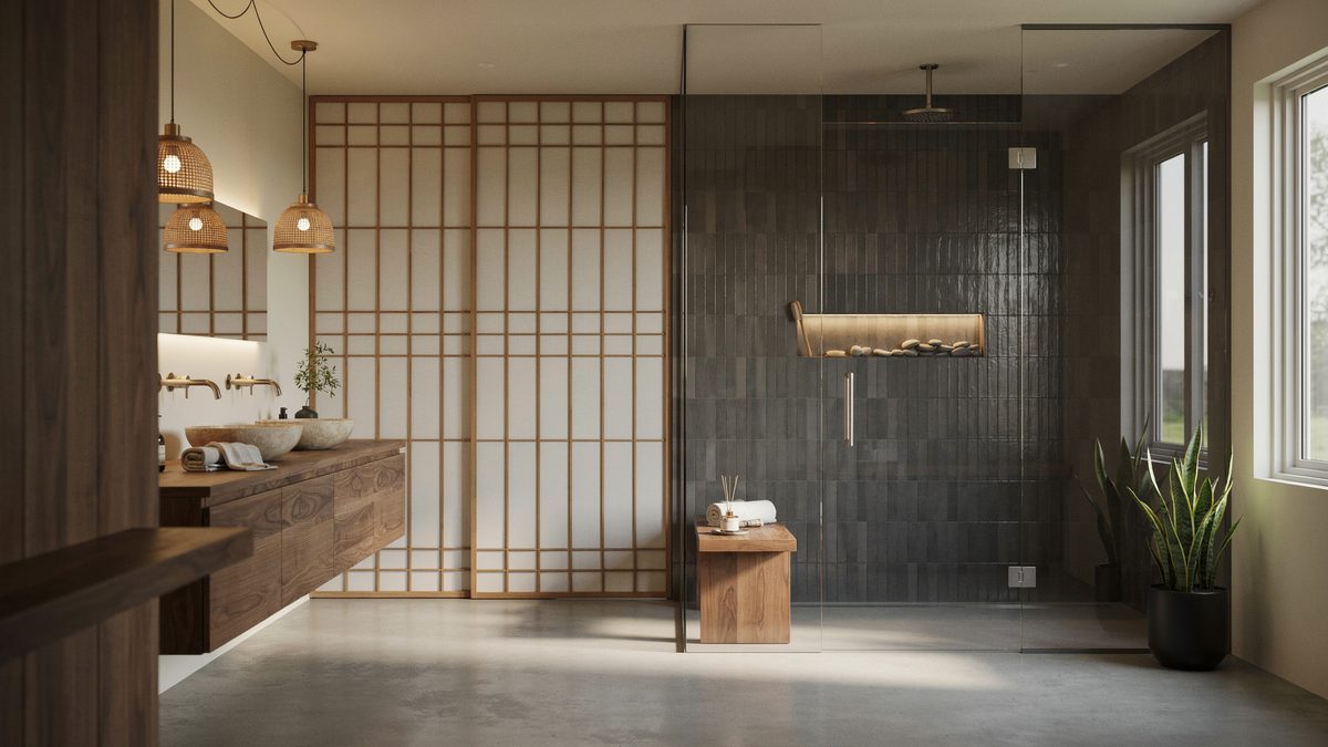 Asian style bathroom with wood counter vanity, shoji screen and glass walk in shower
