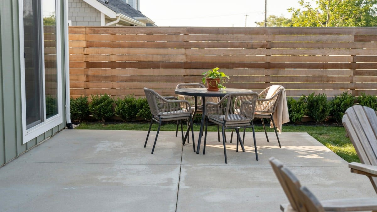 Patio dining set beside a warm horizontal cedar slat fence