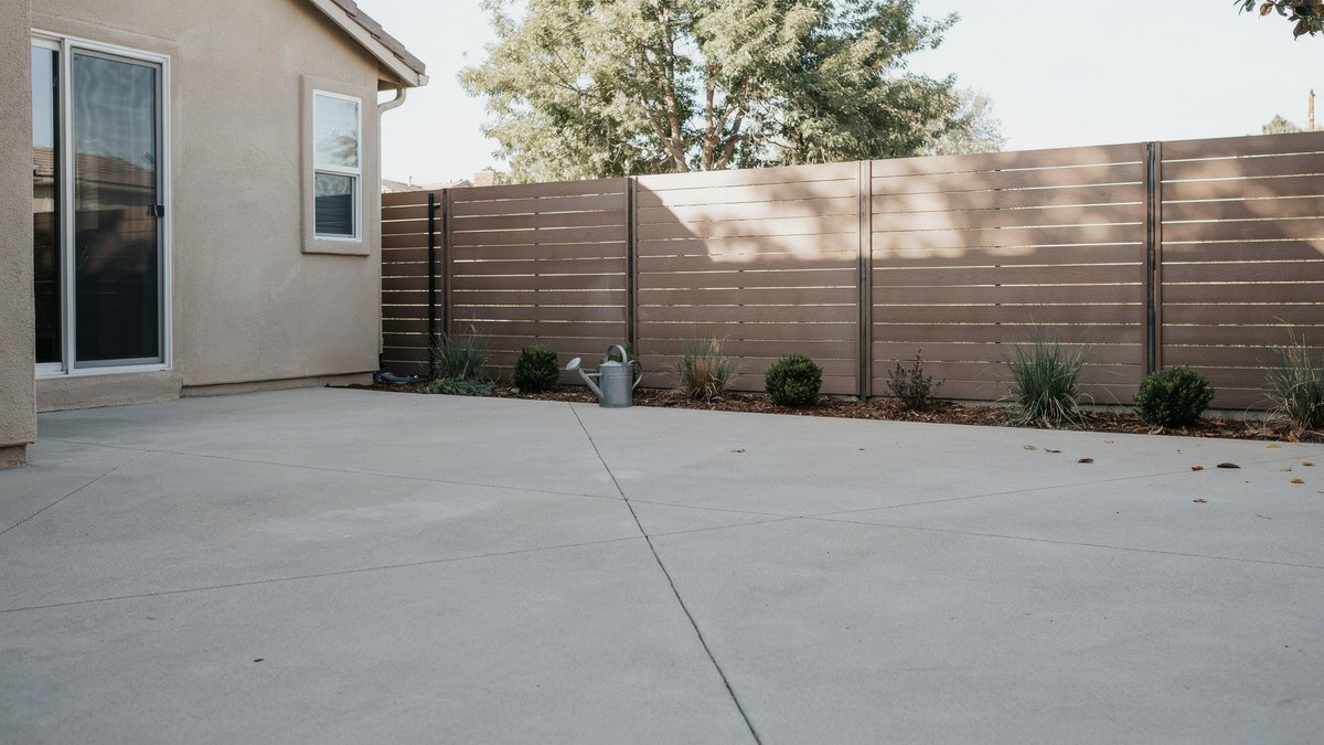 Horizontal slat wood fence enclosing a wide concrete patio slab