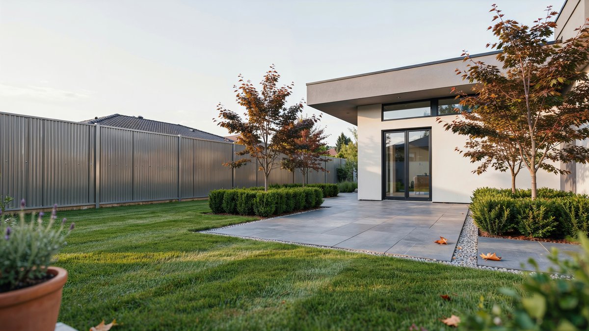 Ribbed aluminum fencing along a modern home manicured side lawn