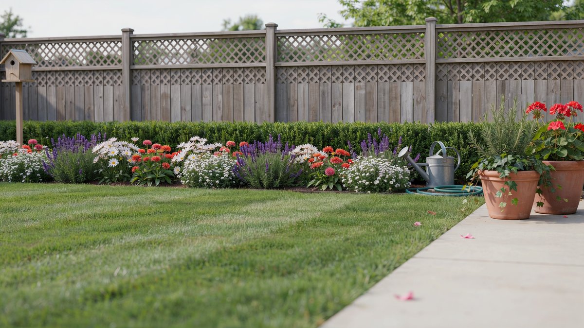 Flower bed running along a lattice topped fence and lawn