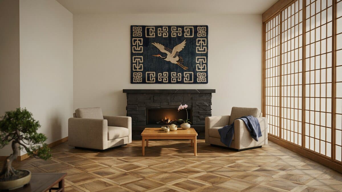 Beautiful Asian style living room with wood weave flooring, wall tapestry and custom fireplace