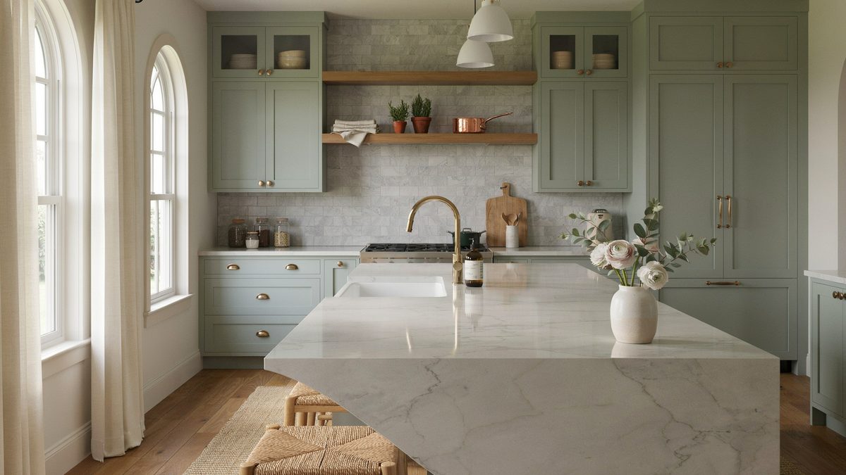 Sage green cabinets surrounding a large marble island under an arched window