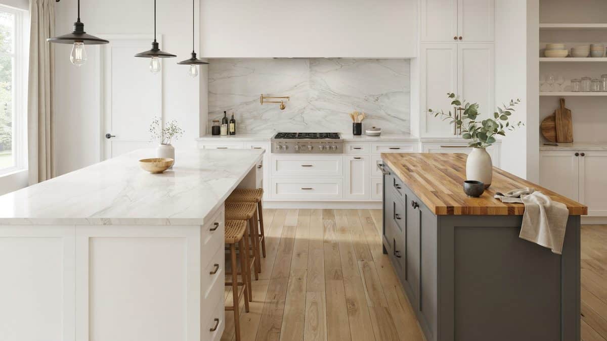 White quartz island paired with a gray island topped in butcher block